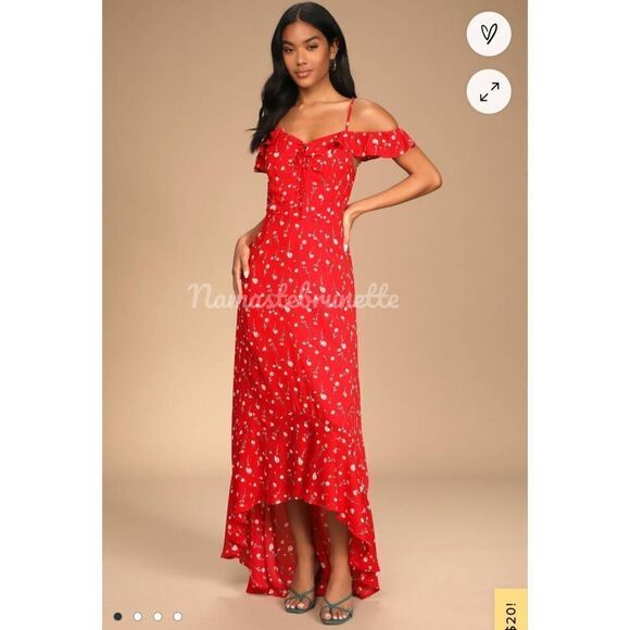 Nwt Lulu's Boho Red Floral Off-the-Shoulder Maxi Dress - Picture 3 of 15